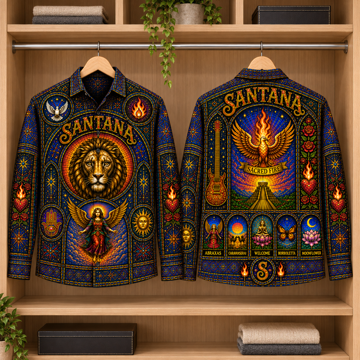 Santana Stained Glass Long Sleeve Shirt – Lion, Sacred Heart & Angel Latin Rock Button Up, Colorful Spiritual Music Fan Gift