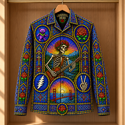 Grateful Dead Stained Glass Long Sleeve Shirt – Skeleton Guitar, Dancing Bear & Rose Button Up, Psychedelic Deadhead Rock Gift