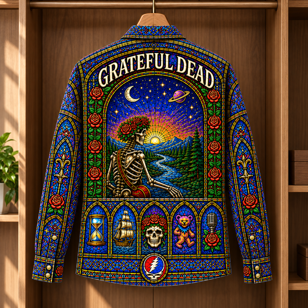Grateful Dead Stained Glass Long Sleeve Shirt – Skeleton Guitar, Dancing Bear & Rose Button Up, Psychedelic Deadhead Rock Gift