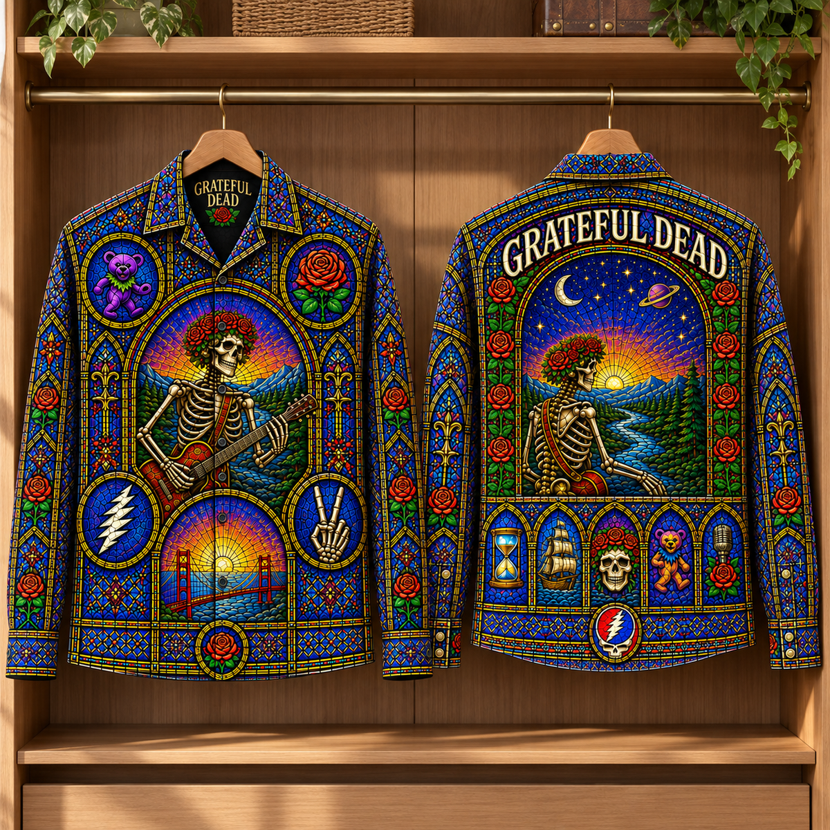 Grateful Dead Stained Glass Long Sleeve Shirt – Skeleton Guitar, Dancing Bear & Rose Button Up, Psychedelic Deadhead Rock Gift
