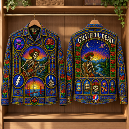 Grateful Dead Stained Glass Long Sleeve Shirt – Skeleton Guitar, Dancing Bear & Rose Button Up, Psychedelic Deadhead Rock Gift
