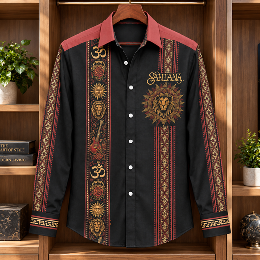 Santana Long Sleeve Shirt – Aztec Lion & Om Symbol Button Up, Vintage Latin Rock Band Shirt, Boho Tribal Music Gift