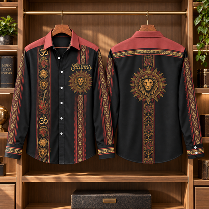 Santana Long Sleeve Shirt – Aztec Lion & Om Symbol Button Up, Vintage Latin Rock Band Shirt, Boho Tribal Music Gift