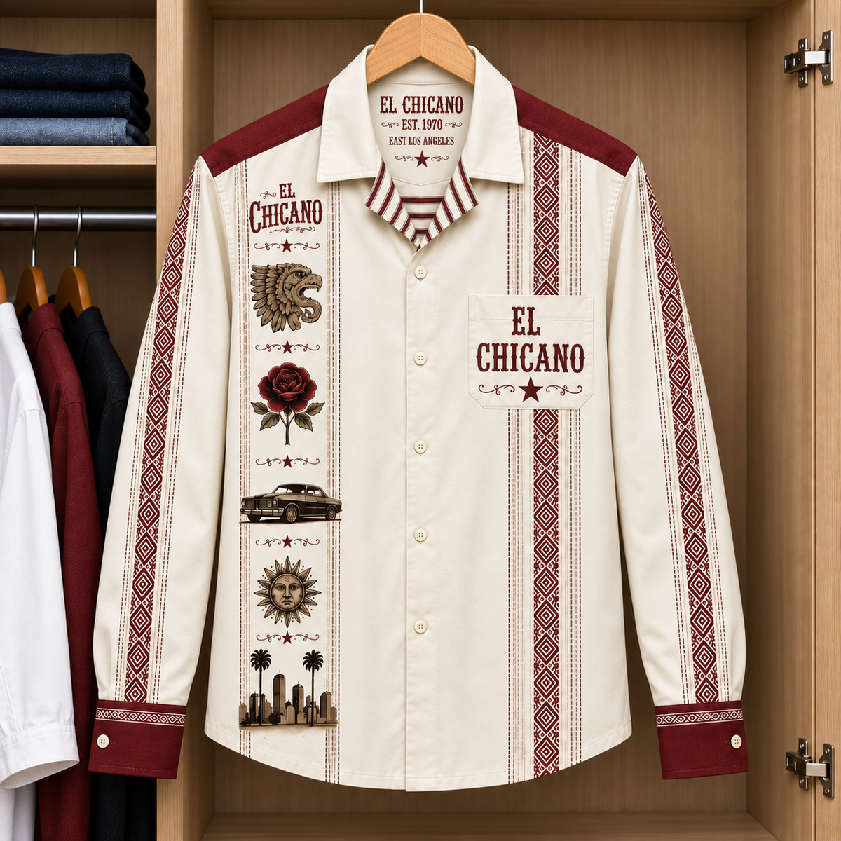 El Chicano Long Sleeve Shirt – Vintage Chicano Rock Button Up, Aztec Eagle & Rose Mexican Heritage Shirt, East Los Angeles Music Gift
