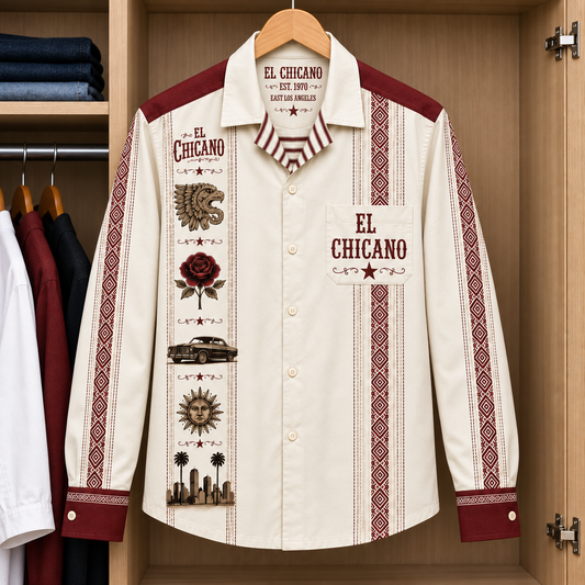El Chicano Long Sleeve Shirt – Vintage Chicano Rock Button Up, Aztec Eagle & Rose Mexican Heritage Shirt, East Los Angeles Music Gift