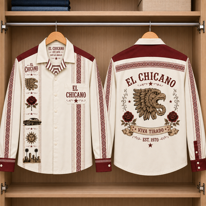 El Chicano Long Sleeve Shirt – Vintage Chicano Rock Button Up, Aztec Eagle & Rose Mexican Heritage Shirt, East Los Angeles Music Gift