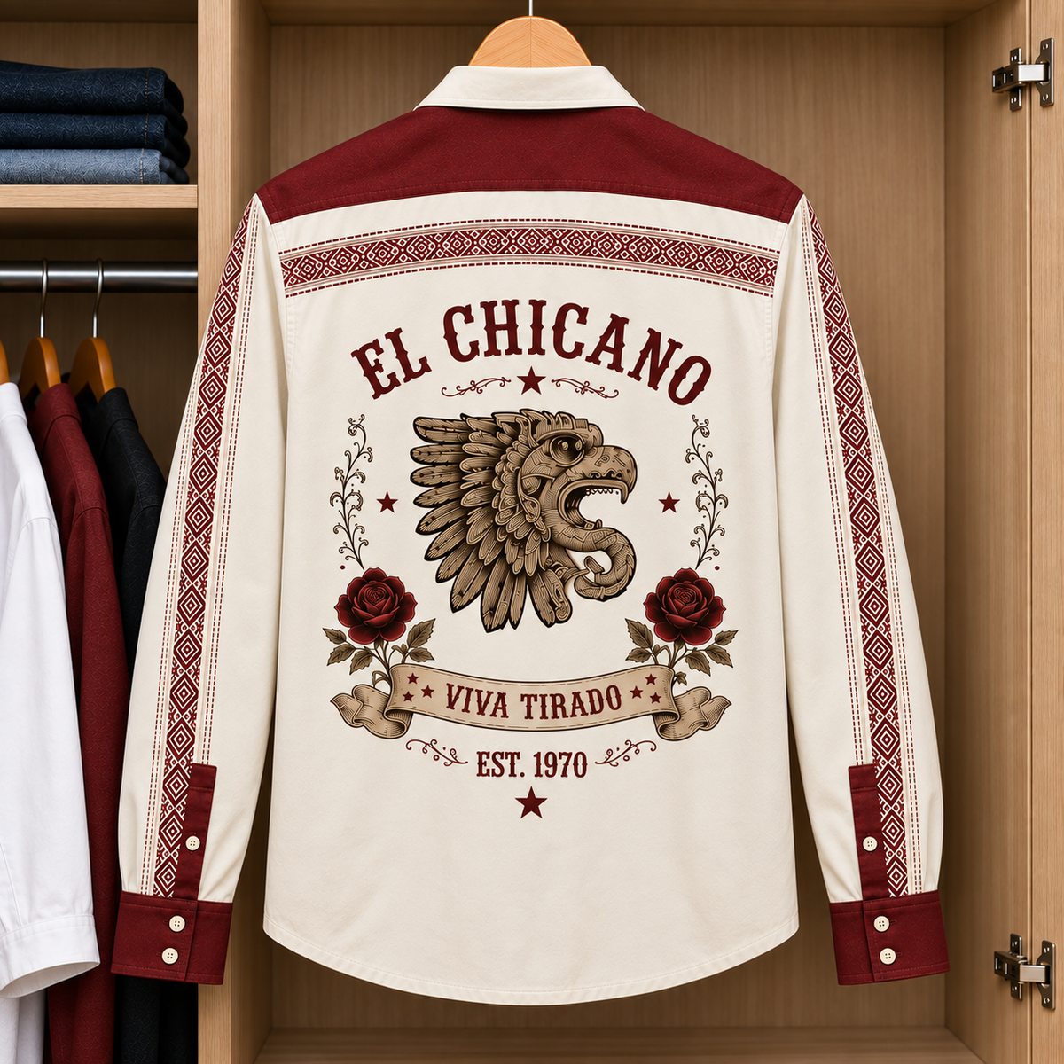 El Chicano Long Sleeve Shirt – Vintage Chicano Rock Button Up, Aztec Eagle & Rose Mexican Heritage Shirt, East Los Angeles Music Gift