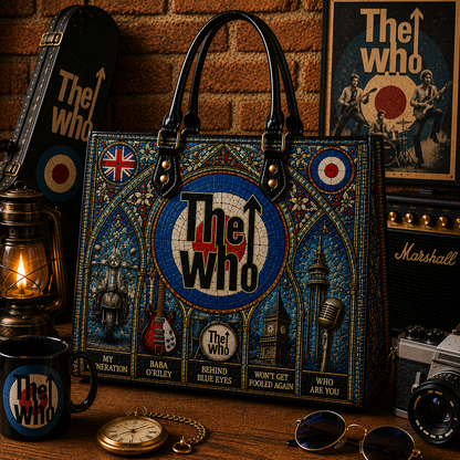 The Who Leather Handbag, Leather Tote Bag, Leather Wallet Set - Stained Glass The Who Band Fan Gift, Luxury Rock Music Accessories