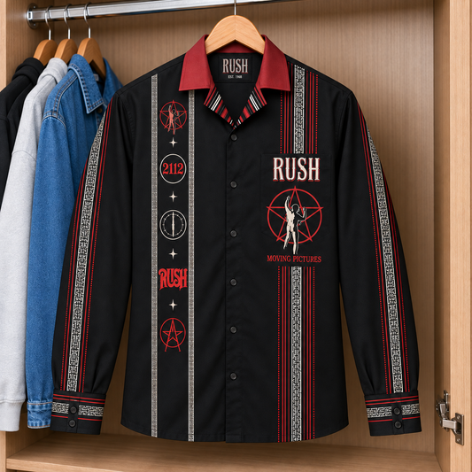 Rush Mexico Inspired Long Sleeve Shirt – 2112 Starman Serape Style Button Up, Red Black Progressive Rock Shirt, Rush Fan Gift