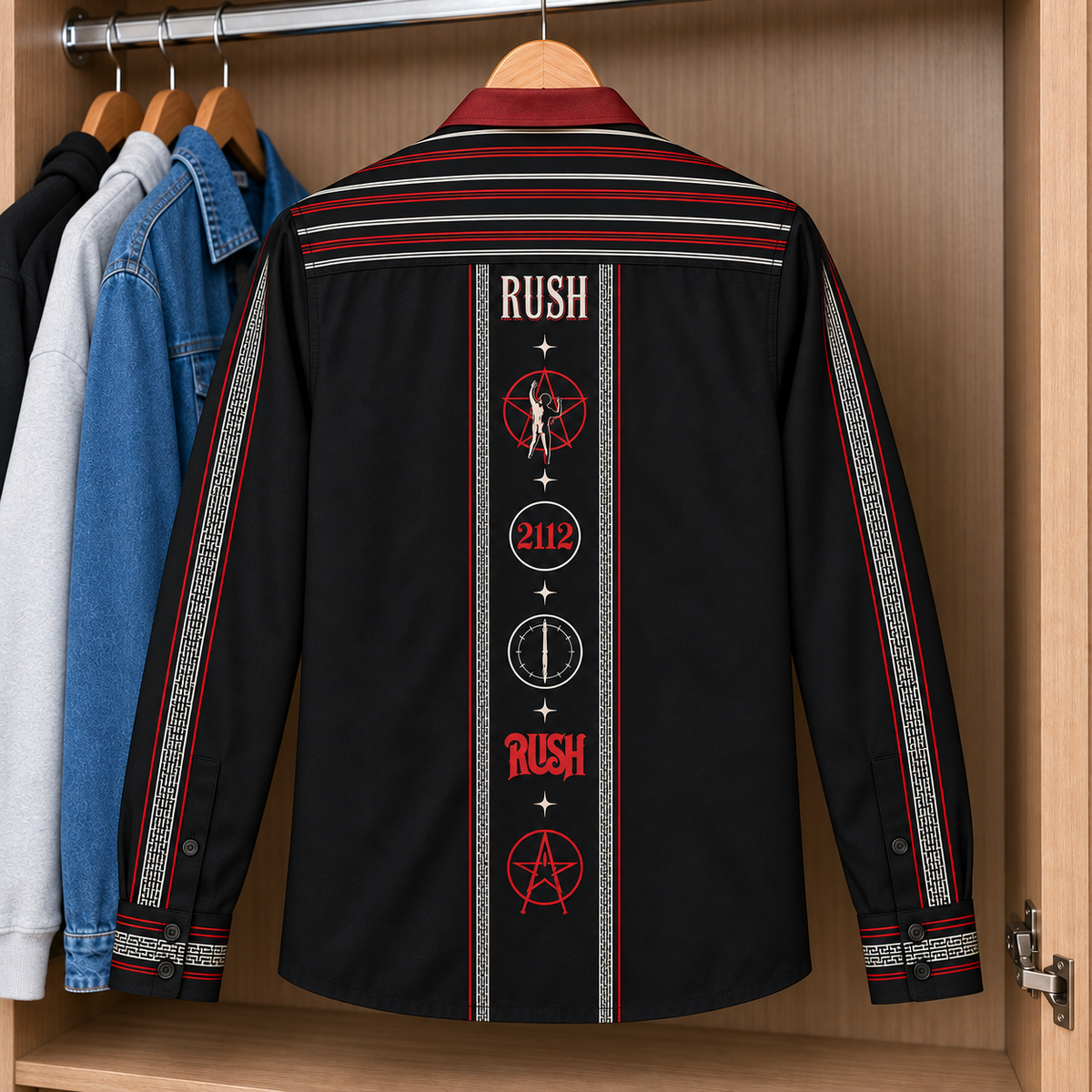 Rush Mexico Inspired Long Sleeve Shirt – 2112 Starman Serape Style Button Up, Red Black Progressive Rock Shirt, Rush Fan Gift