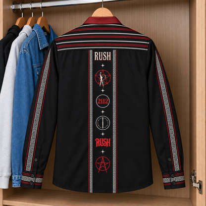 Rush Mexico Inspired Long Sleeve Shirt – 2112 Starman Serape Style Button Up, Red Black Progressive Rock Shirt, Rush Fan Gift