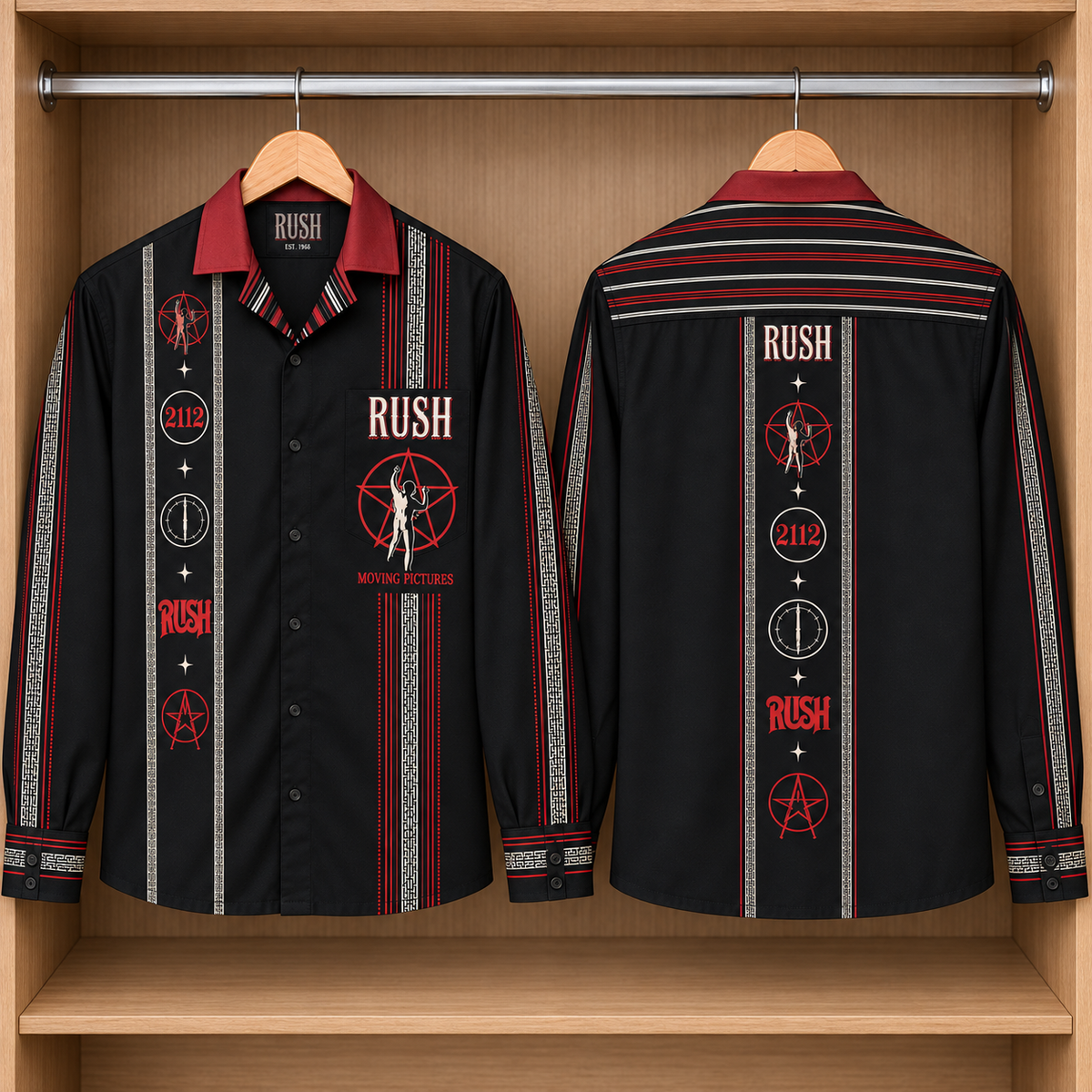 Rush Mexico Inspired Long Sleeve Shirt – 2112 Starman Serape Style Button Up, Red Black Progressive Rock Shirt, Rush Fan Gift