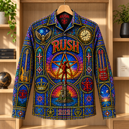 Rush Stained Glass Long Sleeve Shirt – 2112 Starman Progressive Rock Button Up, Colorful Gothic Window Band Shirt, Rush Fan Gift