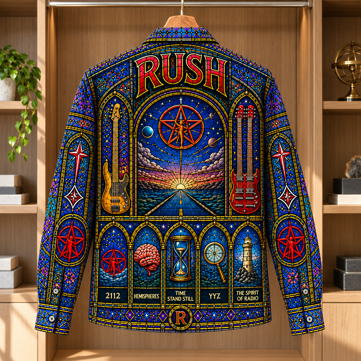 Rush Stained Glass Long Sleeve Shirt – 2112 Starman Progressive Rock Button Up, Colorful Gothic Window Band Shirt, Rush Fan Gift