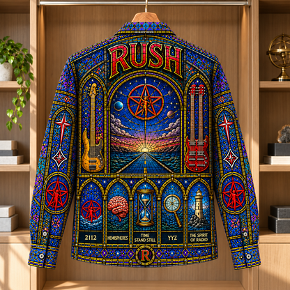 Rush Stained Glass Long Sleeve Shirt – 2112 Starman Progressive Rock Button Up, Colorful Gothic Window Band Shirt, Rush Fan Gift