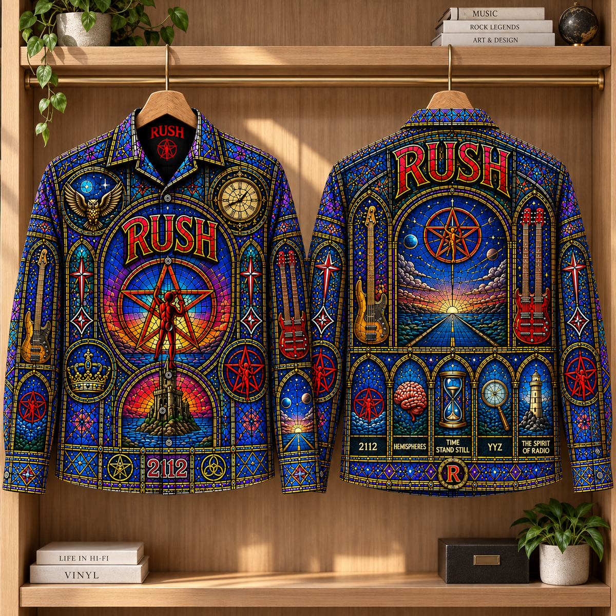 Rush Stained Glass Long Sleeve Shirt – 2112 Starman Progressive Rock Button Up, Colorful Gothic Window Band Shirt, Rush Fan Gift