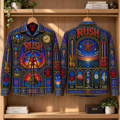 Rush Stained Glass Long Sleeve Shirt – 2112 Starman Progressive Rock Button Up, Colorful Gothic Window Band Shirt, Rush Fan Gift