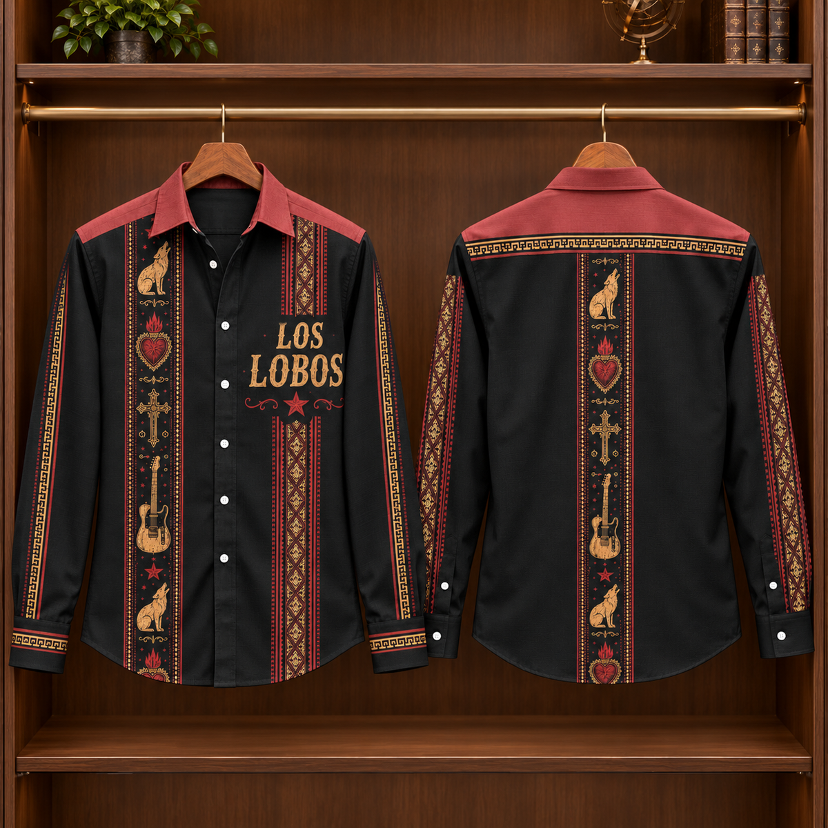 Los Lobos Long Sleeve Shirt – Mexican Folk Rock Button Up, Wolf Guitar & Sacred Heart Western Shirt, Latino Music Fan Gift