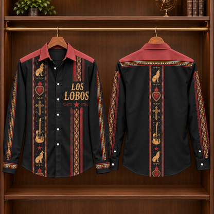 Los Lobos Long Sleeve Shirt – Mexican Folk Rock Button Up, Wolf Guitar & Sacred Heart Western Shirt, Latino Music Fan Gift