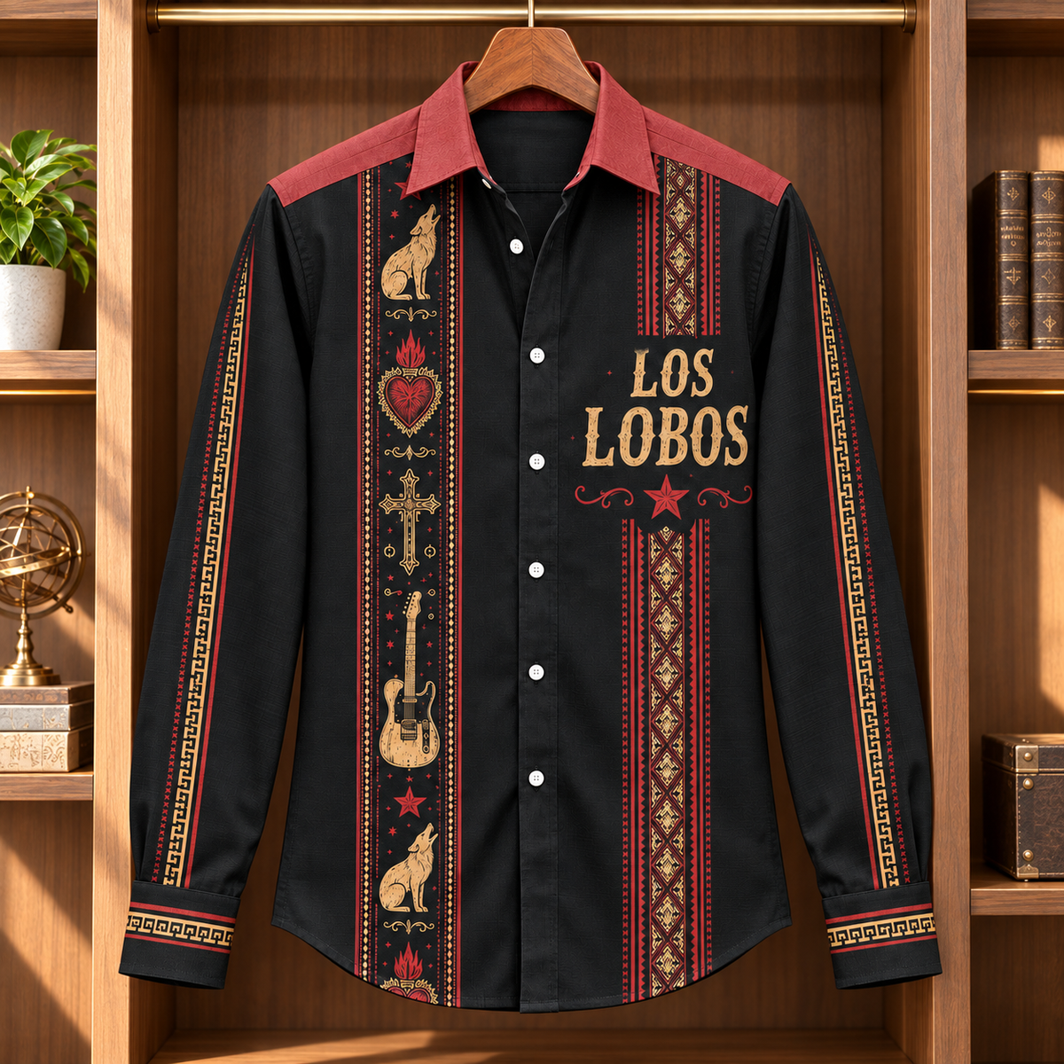 Los Lobos Long Sleeve Shirt – Mexican Folk Rock Button Up, Wolf Guitar & Sacred Heart Western Shirt, Latino Music Fan Gift