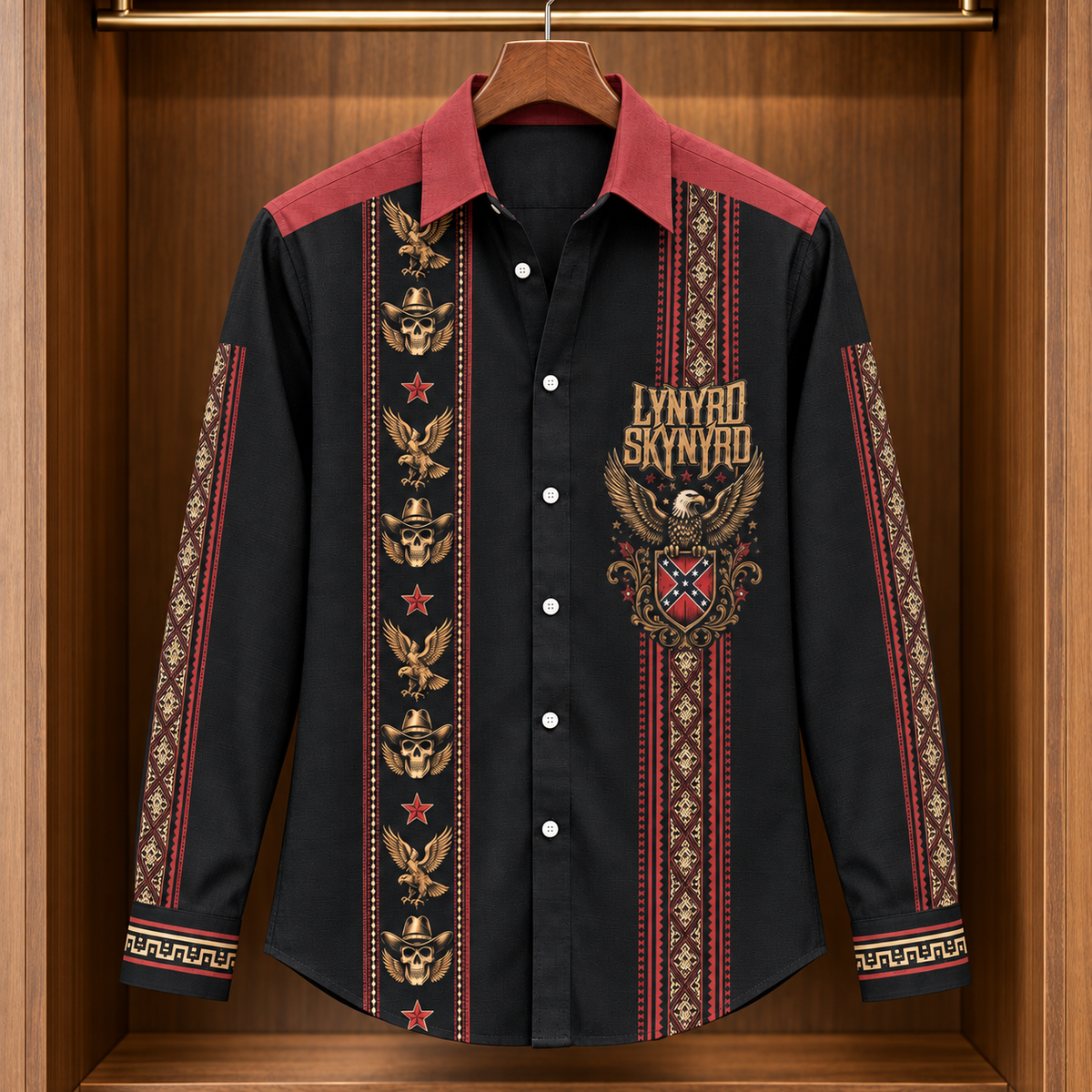 Lynyrd Skynyrd Long Sleeve Shirt – Southern Rock Eagle & Cowboy Skull Button Up, Black Red Western Band Shirt, Classic Rock Gift