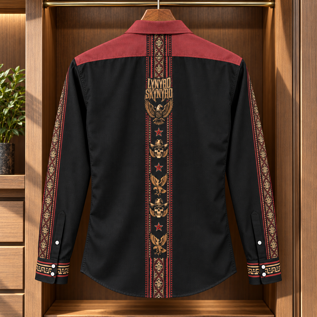 Lynyrd Skynyrd Long Sleeve Shirt – Southern Rock Eagle & Cowboy Skull Button Up, Black Red Western Band Shirt, Classic Rock Gift