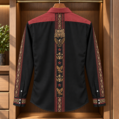Lynyrd Skynyrd Long Sleeve Shirt – Southern Rock Eagle & Cowboy Skull Button Up, Black Red Western Band Shirt, Classic Rock Gift
