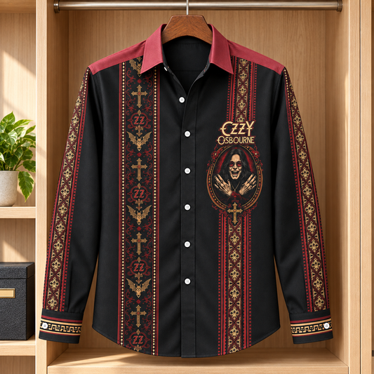 Ozzy Osbourne Long Sleeve Shirt – Gothic Cross & Bat Button Up, Black Red Heavy Metal Rock Shirt, Prince of Darkness Fan Gift