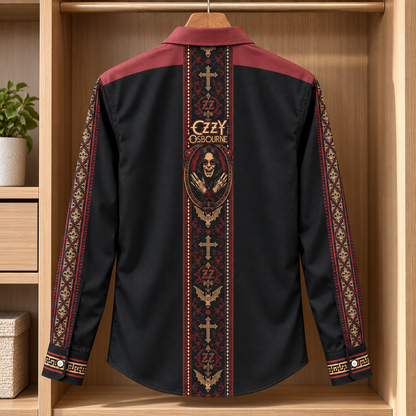 Ozzy Osbourne Long Sleeve Shirt – Gothic Cross & Bat Button Up, Black Red Heavy Metal Rock Shirt, Prince of Darkness Fan Gift