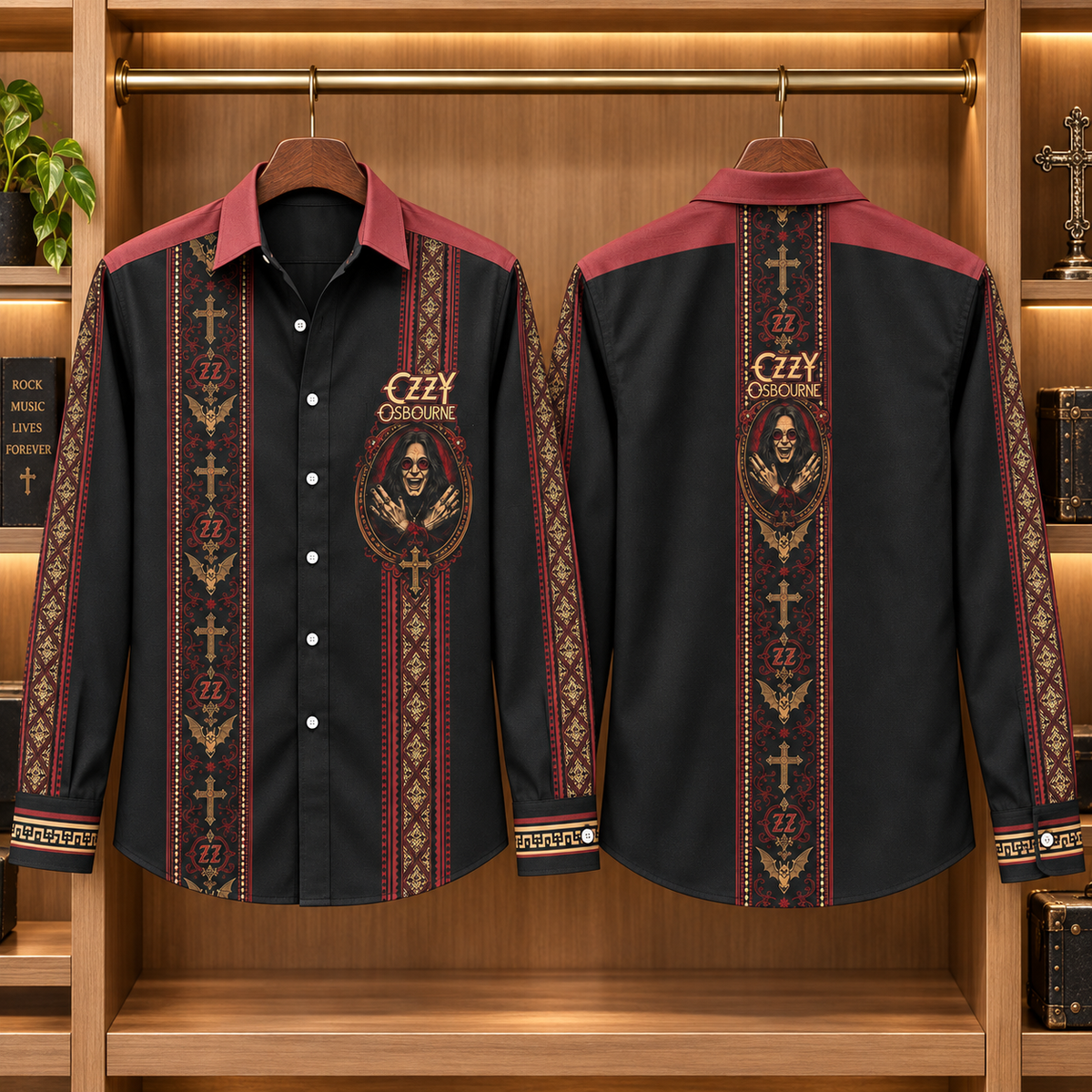 Ozzy Osbourne Long Sleeve Shirt – Gothic Cross & Bat Button Up, Black Red Heavy Metal Rock Shirt, Prince of Darkness Fan Gift