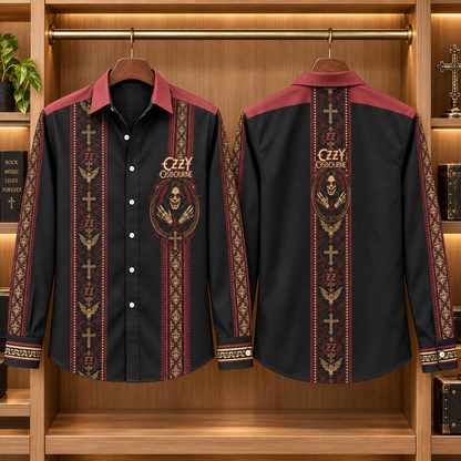 Ozzy Osbourne Long Sleeve Shirt – Gothic Cross & Bat Button Up, Black Red Heavy Metal Rock Shirt, Prince of Darkness Fan Gift