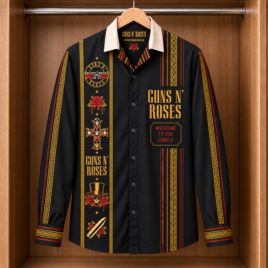 Guns N’ Roses Long Sleeve Shirt – Welcome to the Jungle Black Gold Button Up, Roses & Skull Rock Band Shirt, Classic Rock Fan Gift