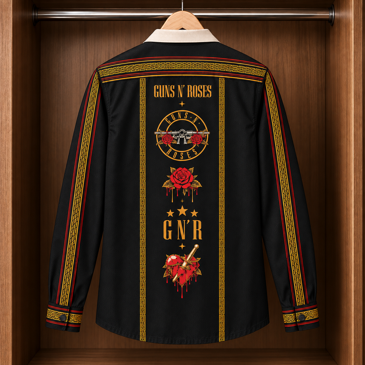 Guns N’ Roses Long Sleeve Shirt – Welcome to the Jungle Black Gold Button Up, Roses & Skull Rock Band Shirt, Classic Rock Fan Gift