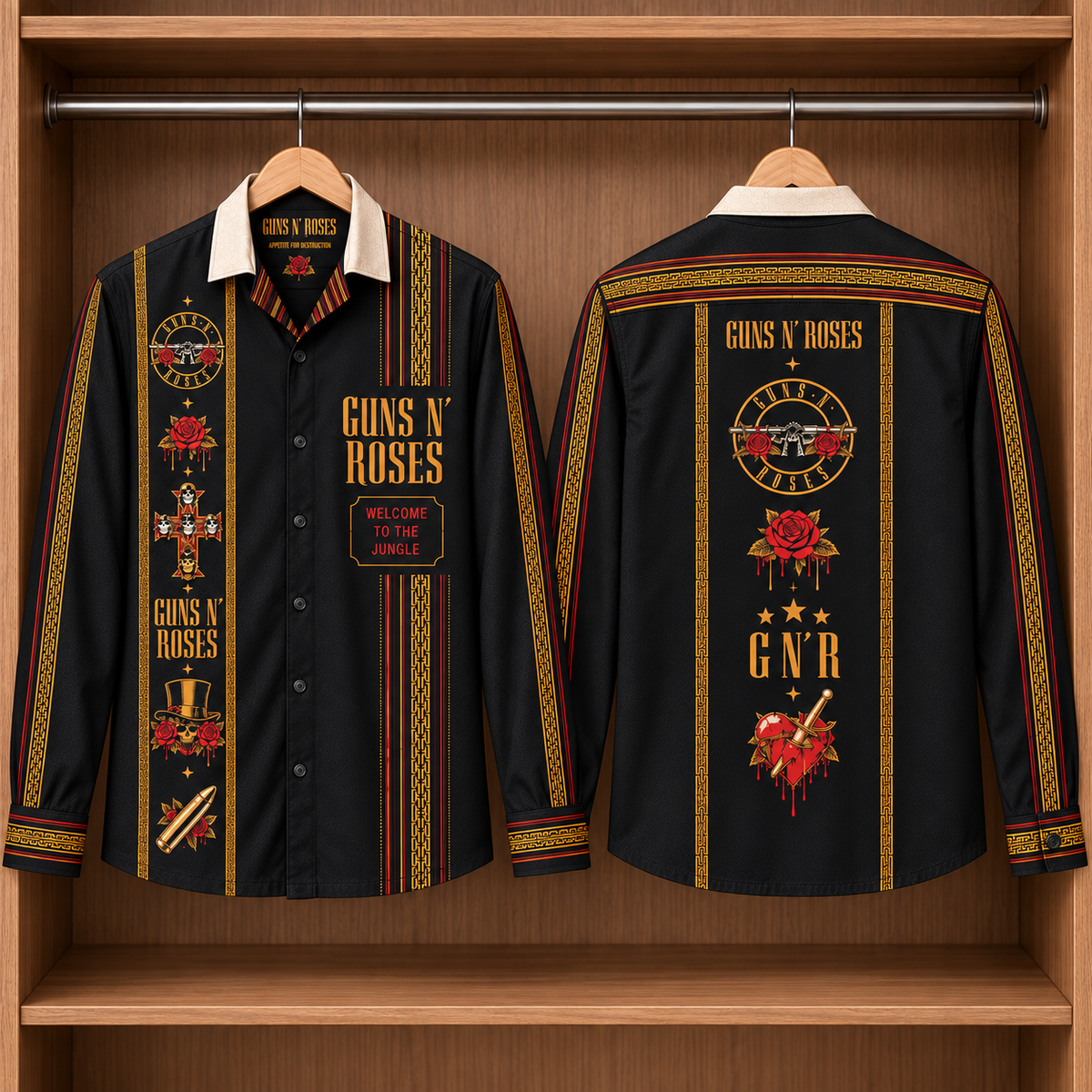 Guns N’ Roses Long Sleeve Shirt – Welcome to the Jungle Black Gold Button Up, Roses & Skull Rock Band Shirt, Classic Rock Fan Gift