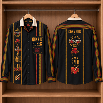 Guns N’ Roses Long Sleeve Shirt – Welcome to the Jungle Black Gold Button Up, Roses & Skull Rock Band Shirt, Classic Rock Fan Gift
