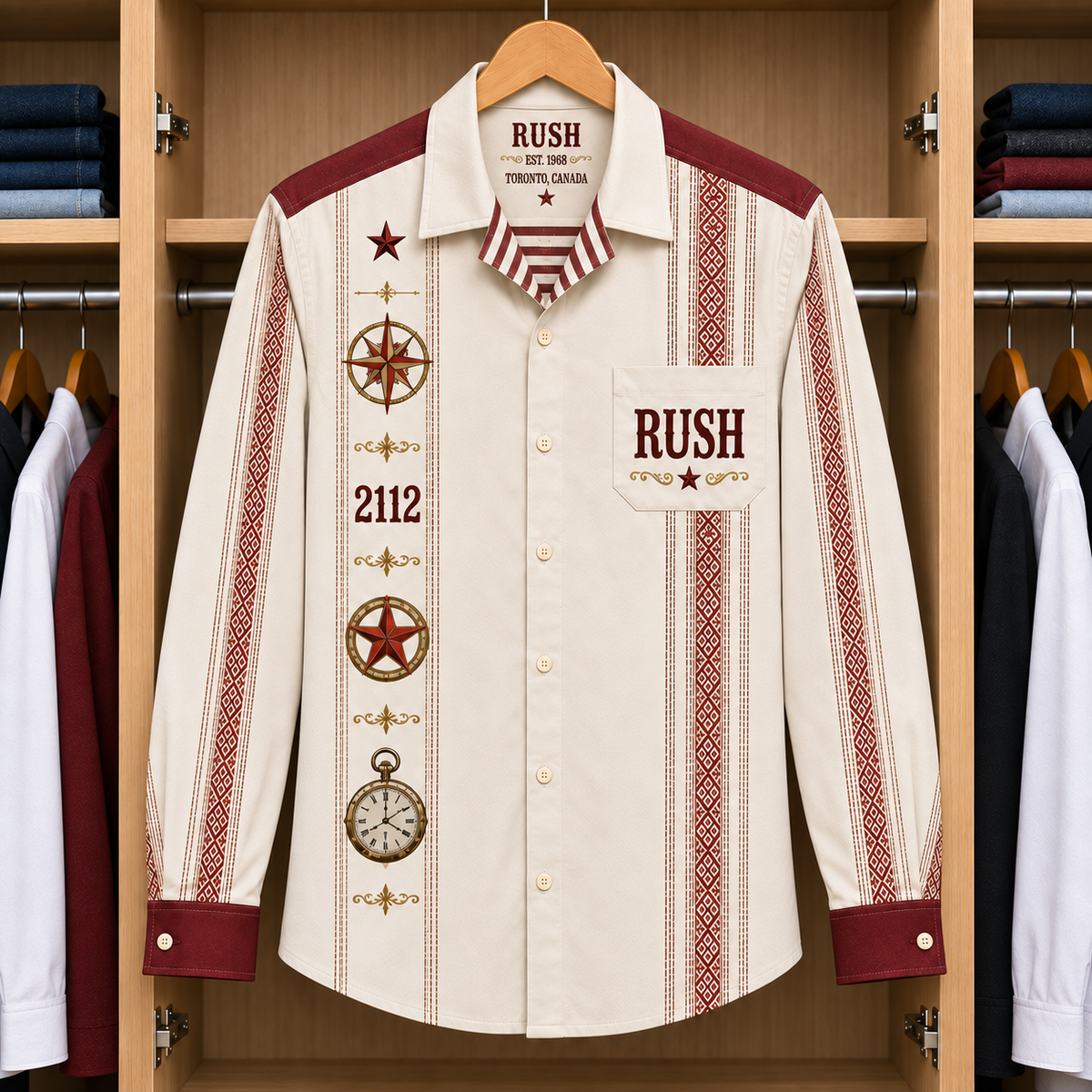 Rush 2112 Heritage Long Sleeve Shirt – Vintage Cream & Burgundy Rock Button Up, Canadian Progressive Rock Fan Shirt, Retro Music Gift