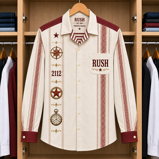Rush 2112 Heritage Long Sleeve Shirt – Vintage Cream & Burgundy Rock Button Up, Canadian Progressive Rock Fan Shirt, Retro Music Gift