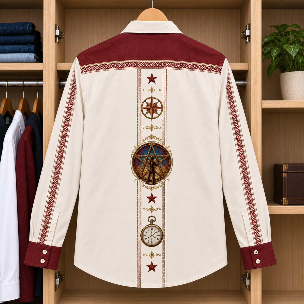 Rush 2112 Heritage Long Sleeve Shirt – Vintage Cream & Burgundy Rock Button Up, Canadian Progressive Rock Fan Shirt, Retro Music Gift