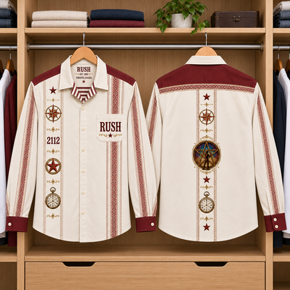 Rush 2112 Heritage Long Sleeve Shirt – Vintage Cream & Burgundy Rock Button Up, Canadian Progressive Rock Fan Shirt, Retro Music Gift