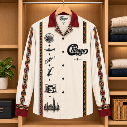 Chicago Band Long Sleeve Shirt – Vintage Horn Section Button Up, Cream Red Classic Rock Music Shirt, Chicago Skyline Fan Gift