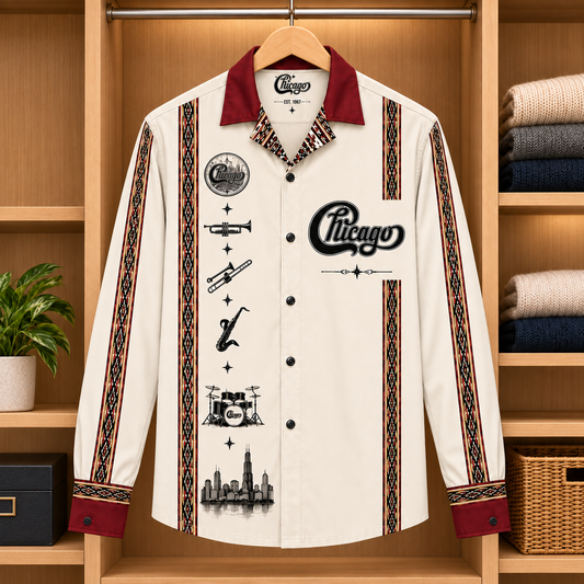 Chicago Band Long Sleeve Shirt – Vintage Horn Section Button Up, Cream Red Classic Rock Music Shirt, Chicago Skyline Fan Gift