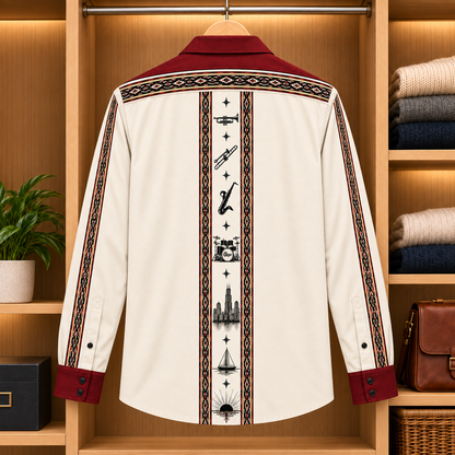 Chicago Band Long Sleeve Shirt – Vintage Horn Section Button Up, Cream Red Classic Rock Music Shirt, Chicago Skyline Fan Gift