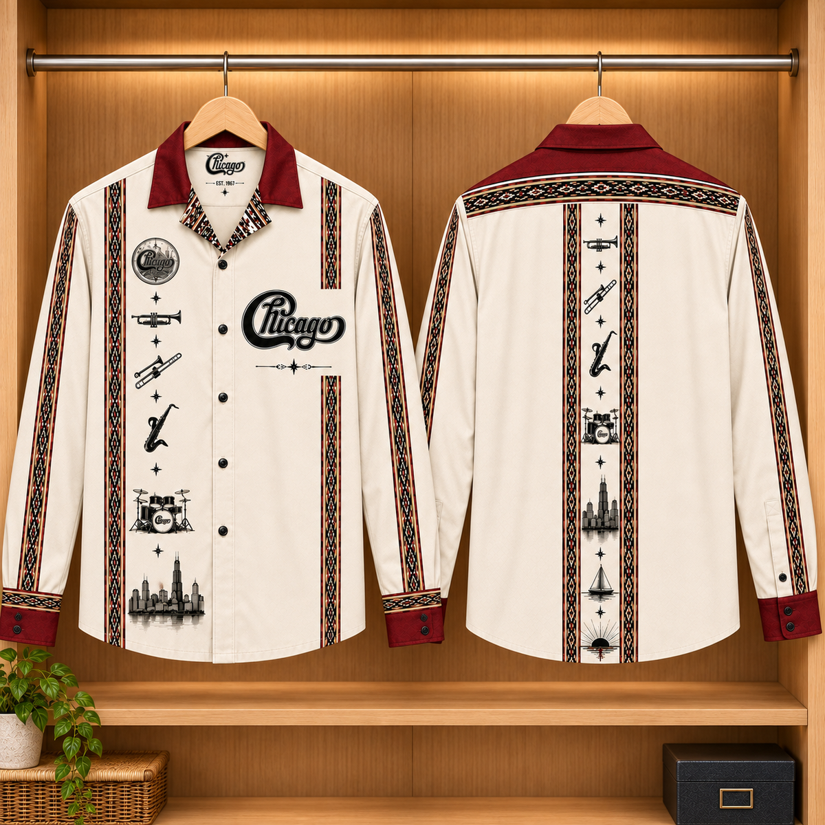 Chicago Band Long Sleeve Shirt – Vintage Horn Section Button Up, Cream Red Classic Rock Music Shirt, Chicago Skyline Fan Gift