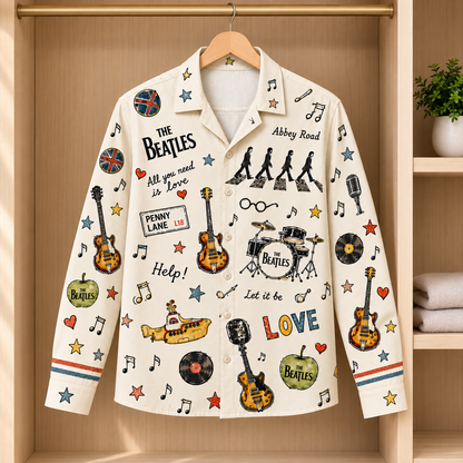 The Beatles Sketch Long Sleeve Shirt – Abbey Road & Yellow Submarine Retro Button Up, Classic Rock Music Collage Shirt, Beatles Fan Gift
