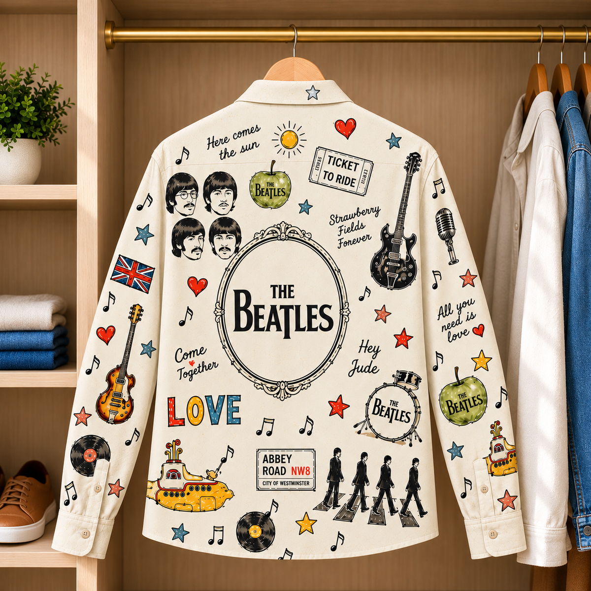The Beatles Sketch Long Sleeve Shirt – Abbey Road & Yellow Submarine Retro Button Up, Classic Rock Music Collage Shirt, Beatles Fan Gift