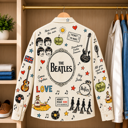 The Beatles Sketch Long Sleeve Shirt – Abbey Road & Yellow Submarine Retro Button Up, Classic Rock Music Collage Shirt, Beatles Fan Gift