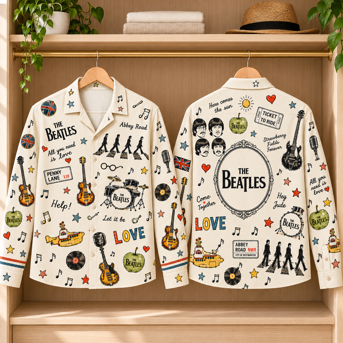 The Beatles Sketch Long Sleeve Shirt – Abbey Road & Yellow Submarine Retro Button Up, Classic Rock Music Collage Shirt, Beatles Fan Gift
