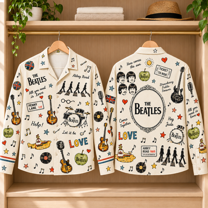 The Beatles Sketch Long Sleeve Shirt – Abbey Road & Yellow Submarine Retro Button Up, Classic Rock Music Collage Shirt, Beatles Fan Gift