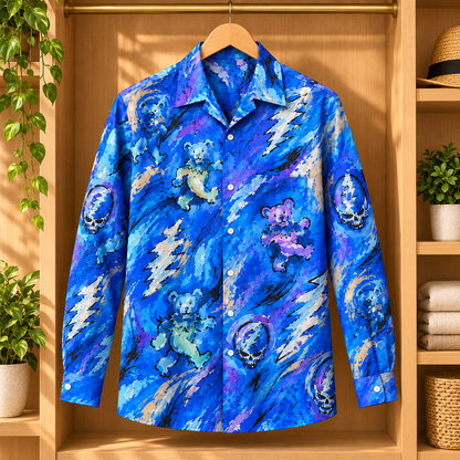 Grateful Dead Long Sleeve Shirt – Dancing Bears & Steal Your Face Button Up, Blue Psychedelic Tie Dye Rock Band Shirt, Deadhead Gift