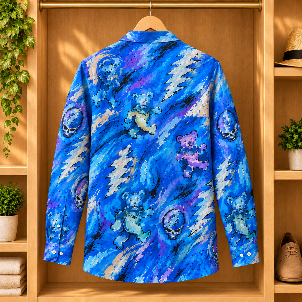 Grateful Dead Long Sleeve Shirt – Dancing Bears & Steal Your Face Button Up, Blue Psychedelic Tie Dye Rock Band Shirt, Deadhead Gift